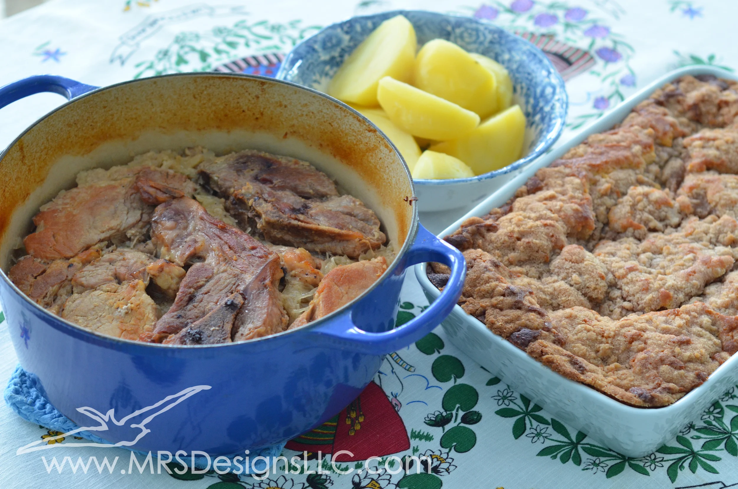 MRS Designs Blog - Sauerkraut with ribs dinner served with yukon potatoes and plum buckle for dessert
