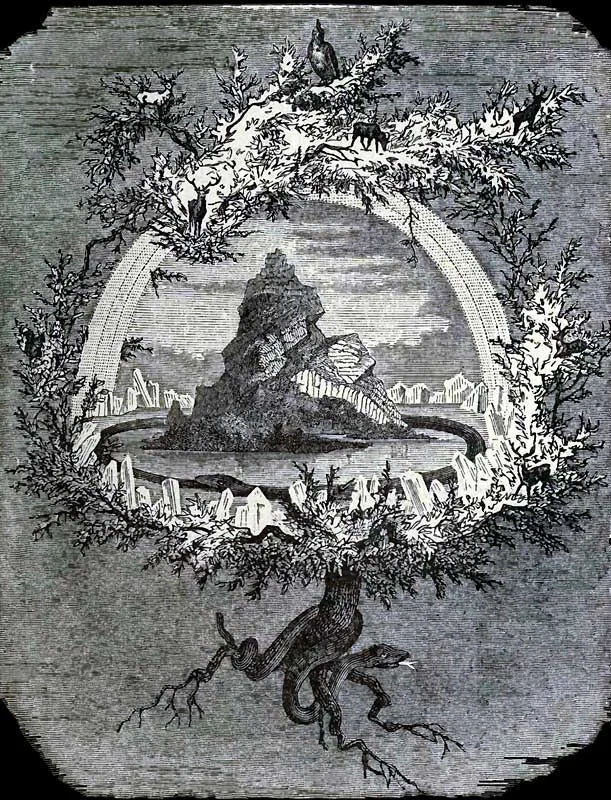 Yggdrasil is an immense ash tree that is central and considered very holy. Illustration by Friedrich Wilhelm Heine (1886)