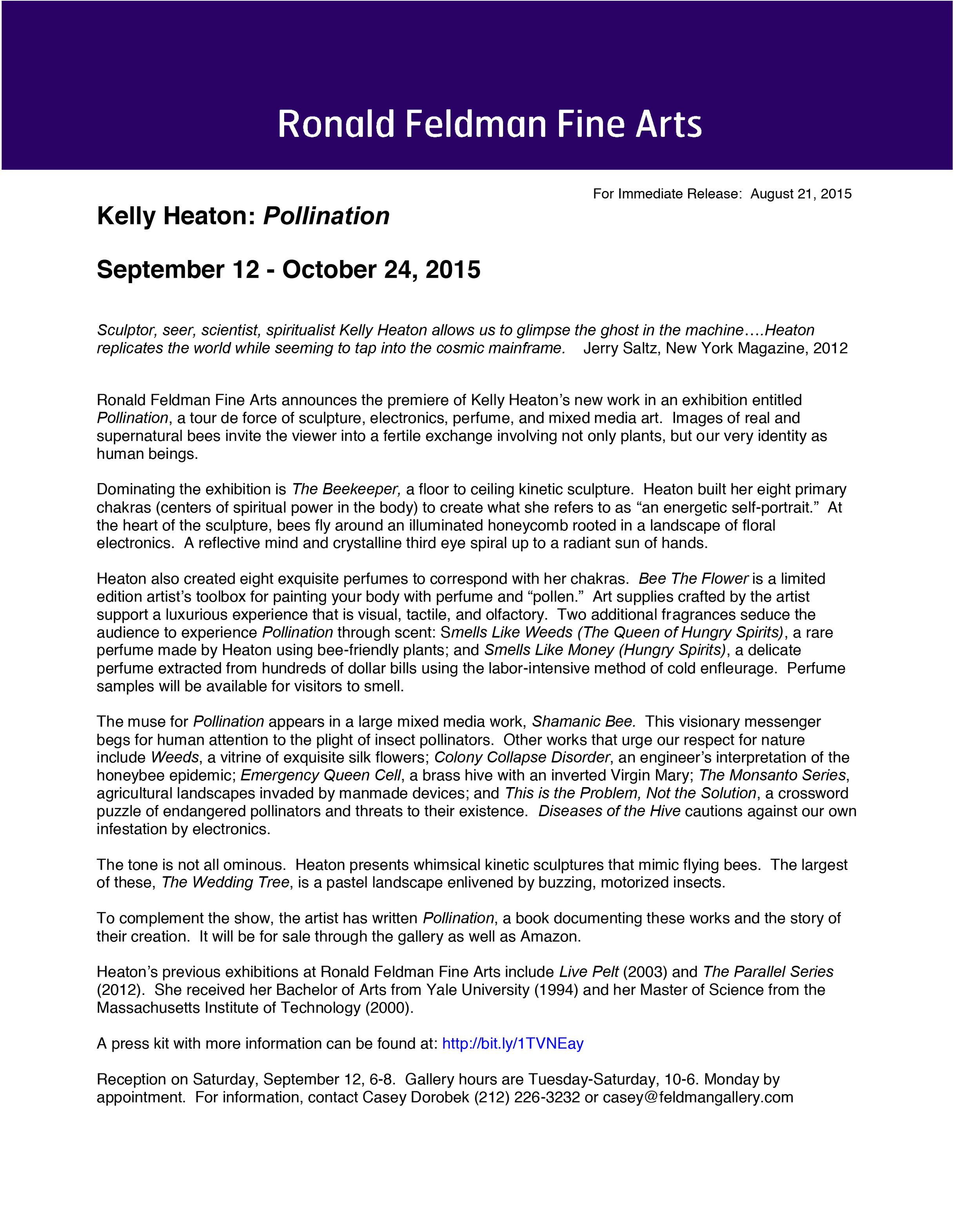 News Press Release And Art Forum Ad For Pollination Kelly Heaton Studio