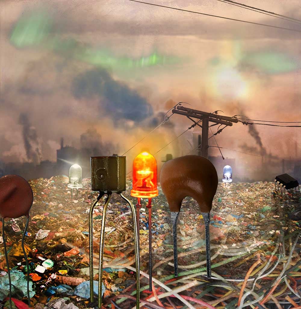 Climate Turner, 2016. Digital photocollage (sketch) using trash, smog, wires, electronic components and the composition of J. W. Turner's painting "Peace - Burial at Sea," from 1842.