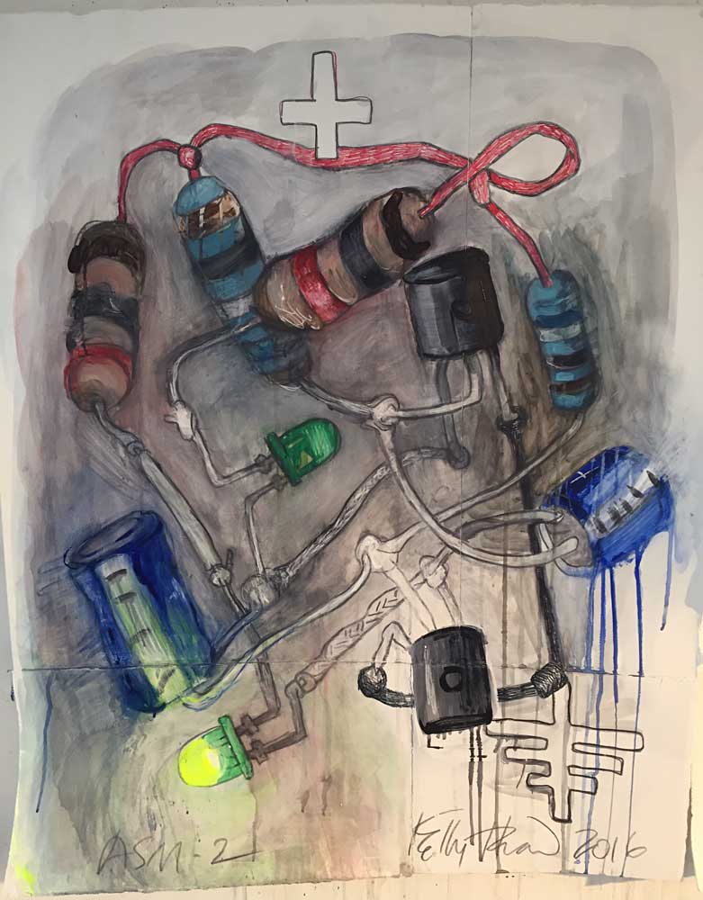 Astable Multivibrator #2, 2016. Graphite, watercolor, acrylic, and colored pencil on paper. 41" x 33" Kelly Heaton