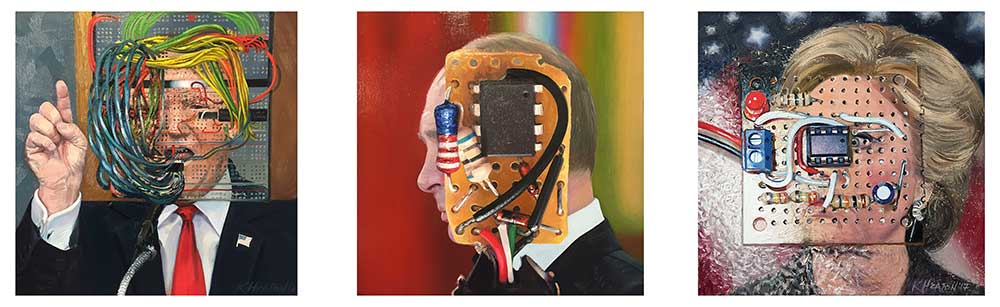 Left: Donald Trump (The Big Hack) . Center: Vladimir Putin (The Operational Amplifier) . Right: Hillary Clinton (The Big Shock).