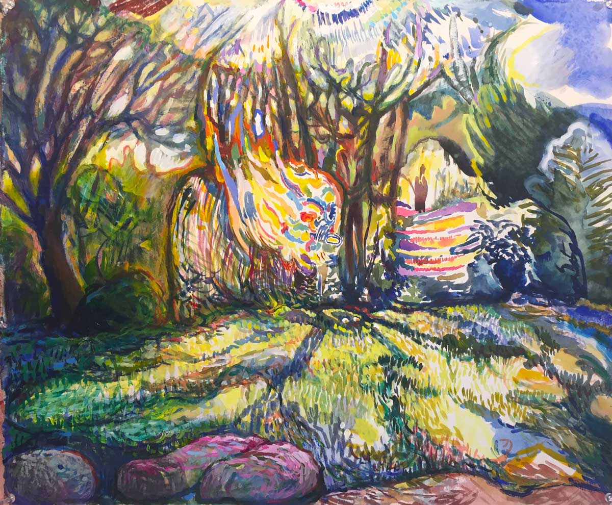 I've always felt that I could "see" electricity, but then I stumble when I try to paint it. I've gone back to working with the landscape to paint nature's electricity, or at least to study it as best as I can. Here's a sundog, dreamcatcher, and man as seen in Clarke County, Virginia (watercolor and acrylic on paper, 2017). #painting #art #watercolor #acrylic #landscape #study #dream #meditation
