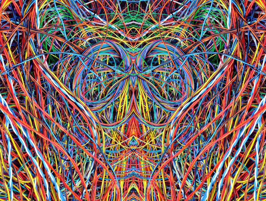 The power of symmetry as applied to wires in an Internet service provider's warehouse. Digital photo collage, 2018. Looks like a Grotjahn painting
