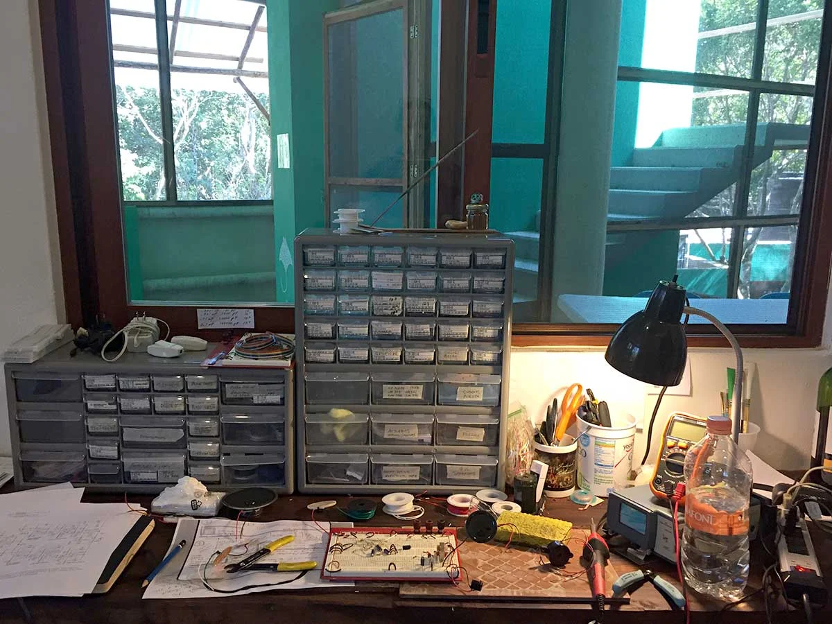 My electronics bench at Tortuga Escondida near Akumal, Mexico. October, 2018