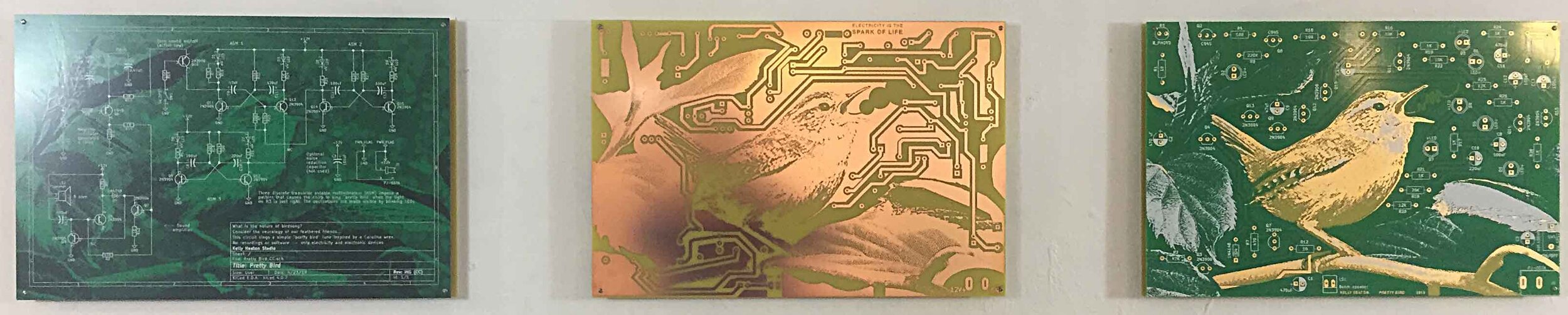The Making of a Pretty Bird, 2019. A series of 3 printed circuit boards each measuring 12” x 18”. Etched copper, gold electroplate, and silkscreen on epoxy laminate.