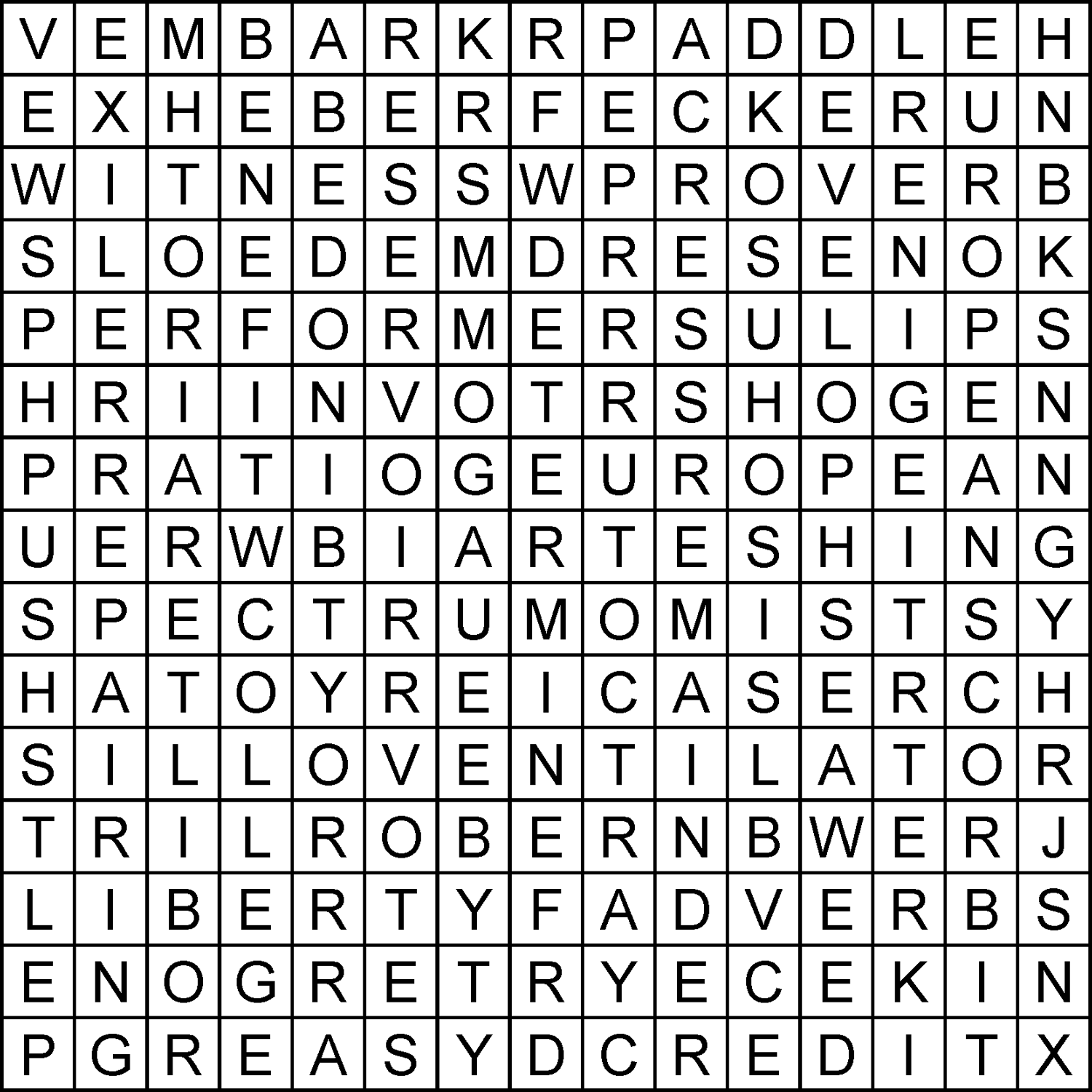 We have removed all the black squares from this crossword grid and replace them with letters. Can you black out all these surplus letters to reveal the correctly filled crossword grid pattern?