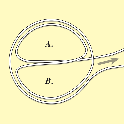 In which loop A or B may your finger be gripped if we draw the string's ends while it is aside?