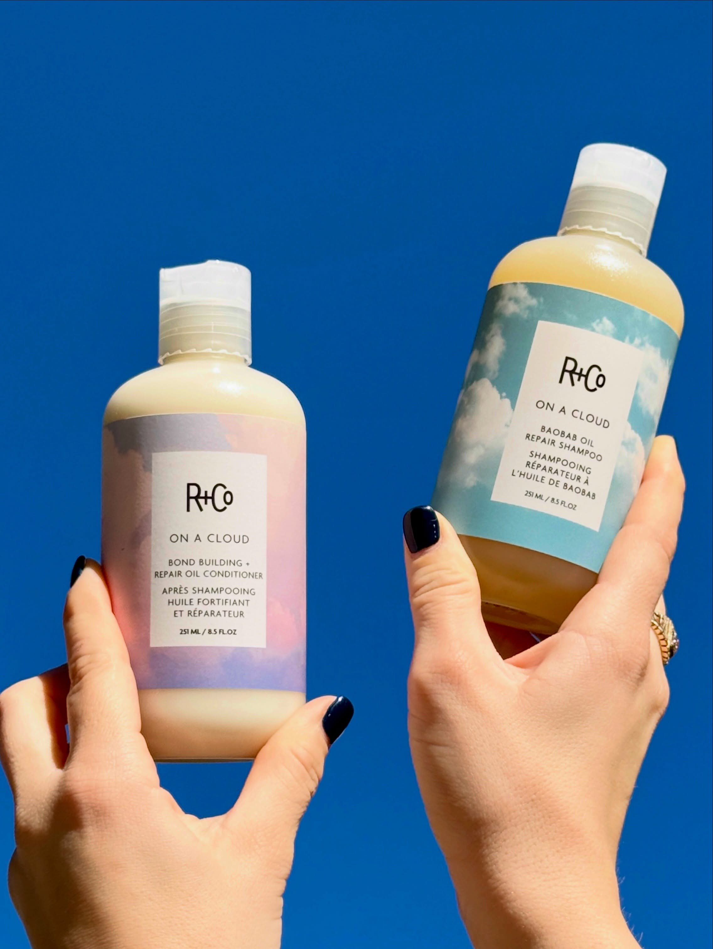 ☁️ New R+Co On A Cloud Conditioner ☁️ 

☁️ Repairs damage without compromising body or movement 
☁️ Nourishing oils, vitamins, and shea butter help rebuild broken bonds 
☁️ Strengthens the hair fiber, tames frizz, and protects against future damage 
