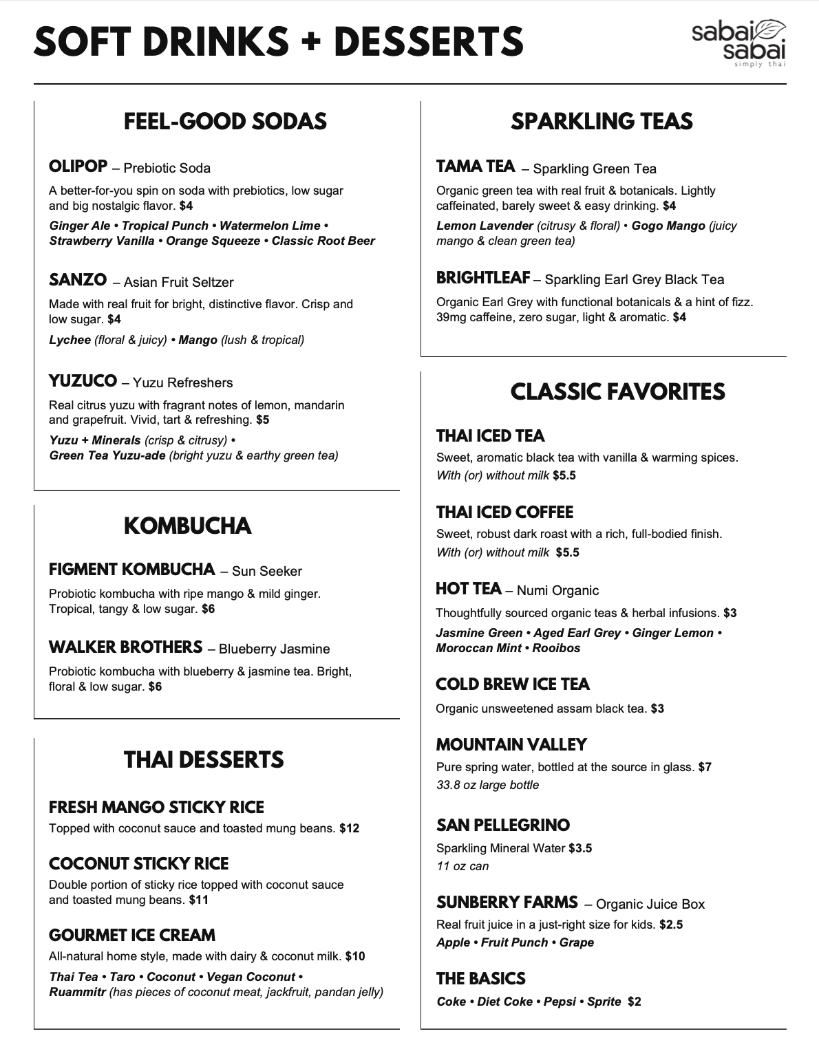 Sabai Sabai Simply Thai - Soft Drinks and Desserts