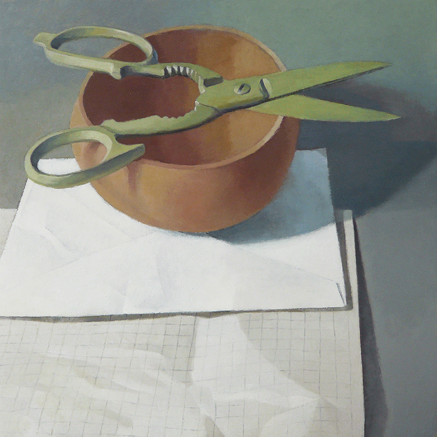  Scissors On Bowl With Paper   oil on panel - 12” x 12” 