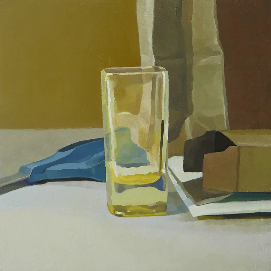 Glass With Bag, Box, and Scissors oil on panel 12” x 12”