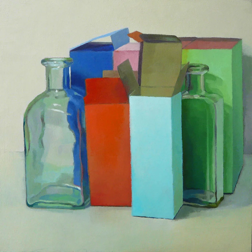 Boxes and Bottles oil on panel 12” x 12”