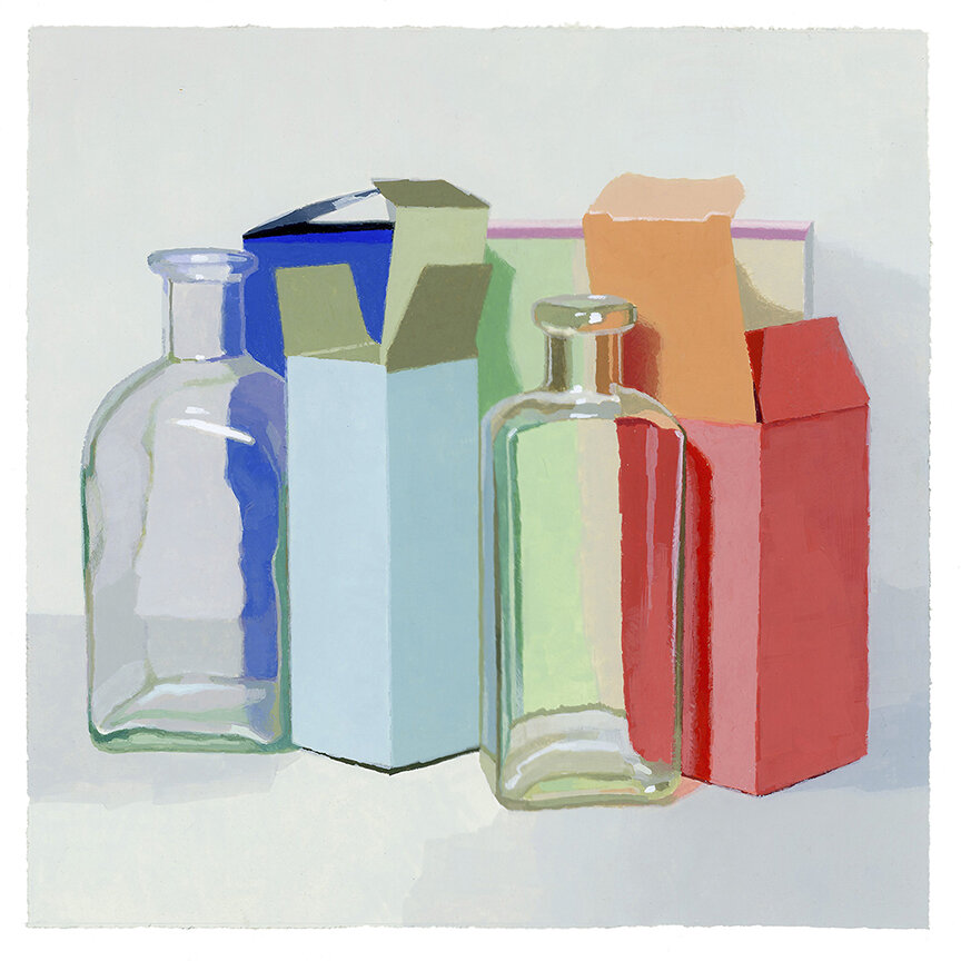  Bottles And Boxes  gouache on paper - 9” x 9” 