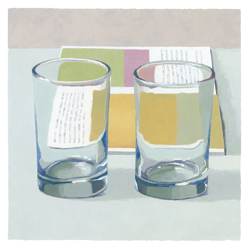  Two Glasses And Art Book  gouache on paper - 9” x 9” 