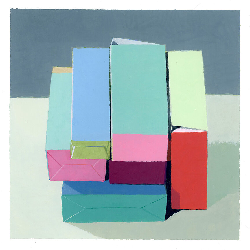  Pile Of Painted Boxes  gouache on paper - 9” x 9” 