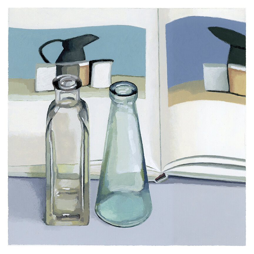  Bottles And Morandi Book  gouache on paper - 9” x 9” 