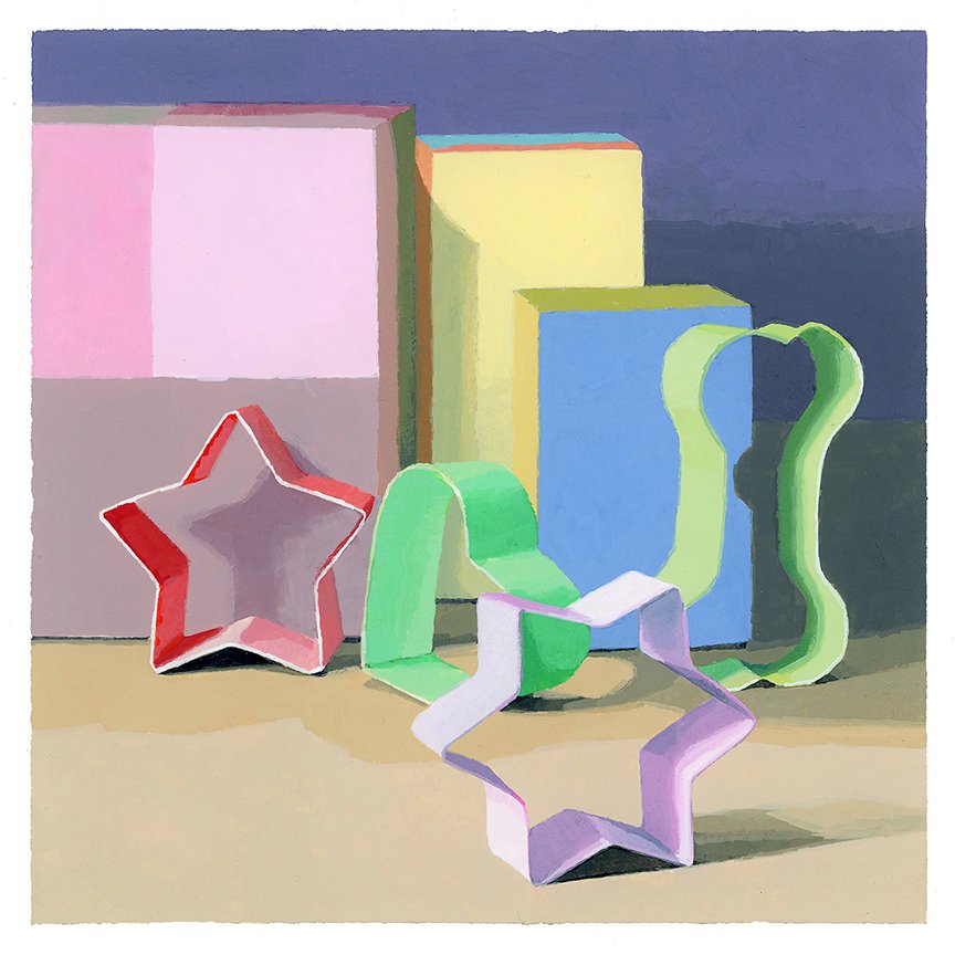  Still Life With Standing Cookie Cutters  gouache on paper - 9” x 9” 