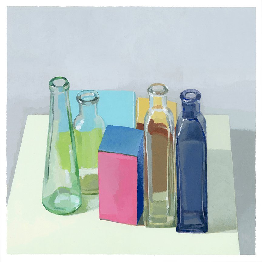  Four Bottles And Three Boxes  gouache on paper - 12” x 12” 