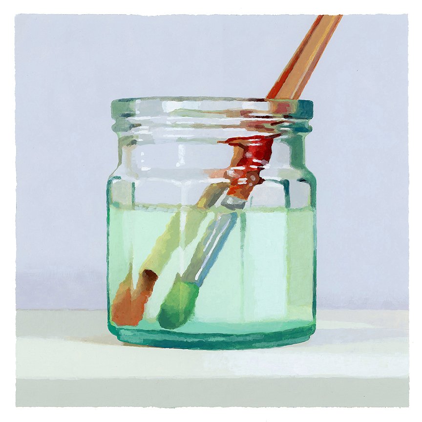  Two Paintbrushes In Water Jar  gouache on paper - 9” x 9” 