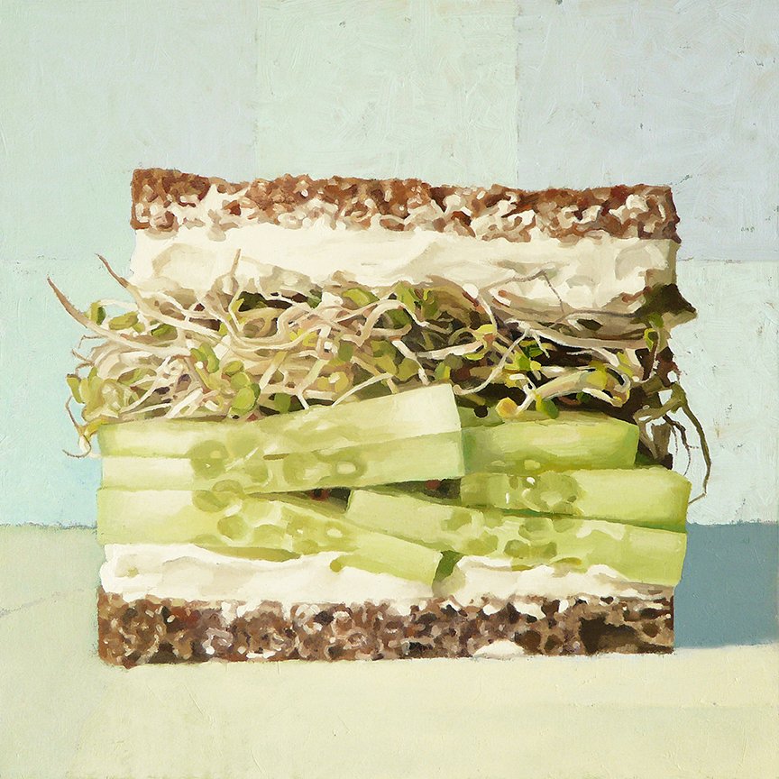  Cream Cheese, Cucumber, Sprouts, on Sour Rye  oil on panel - 12” x 12” 