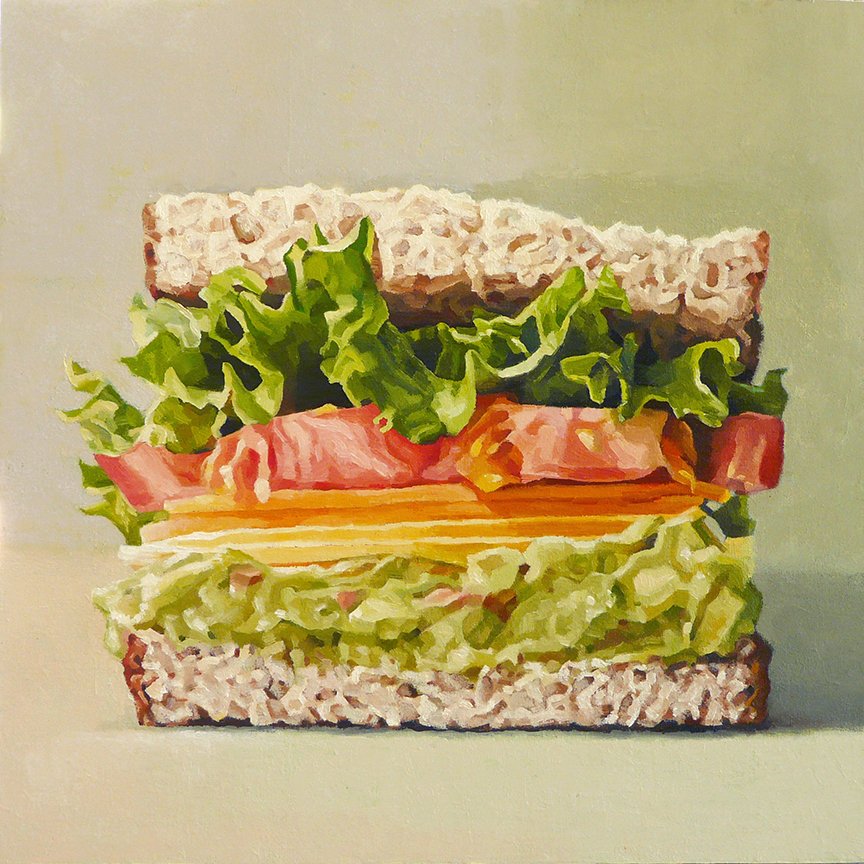  Lettuce, Tomato, Cheddar, Guacamole, On Wheat  oil on panel - 12” x 12” 