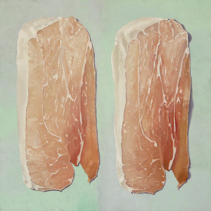  Two Slices Of Prosciutto  oil on panel - 12” x 12” 