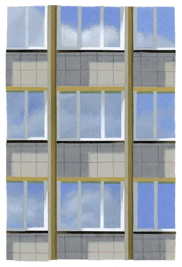  Clouds In Windows  gouache, collage, and colored pencil  11” x 7” 