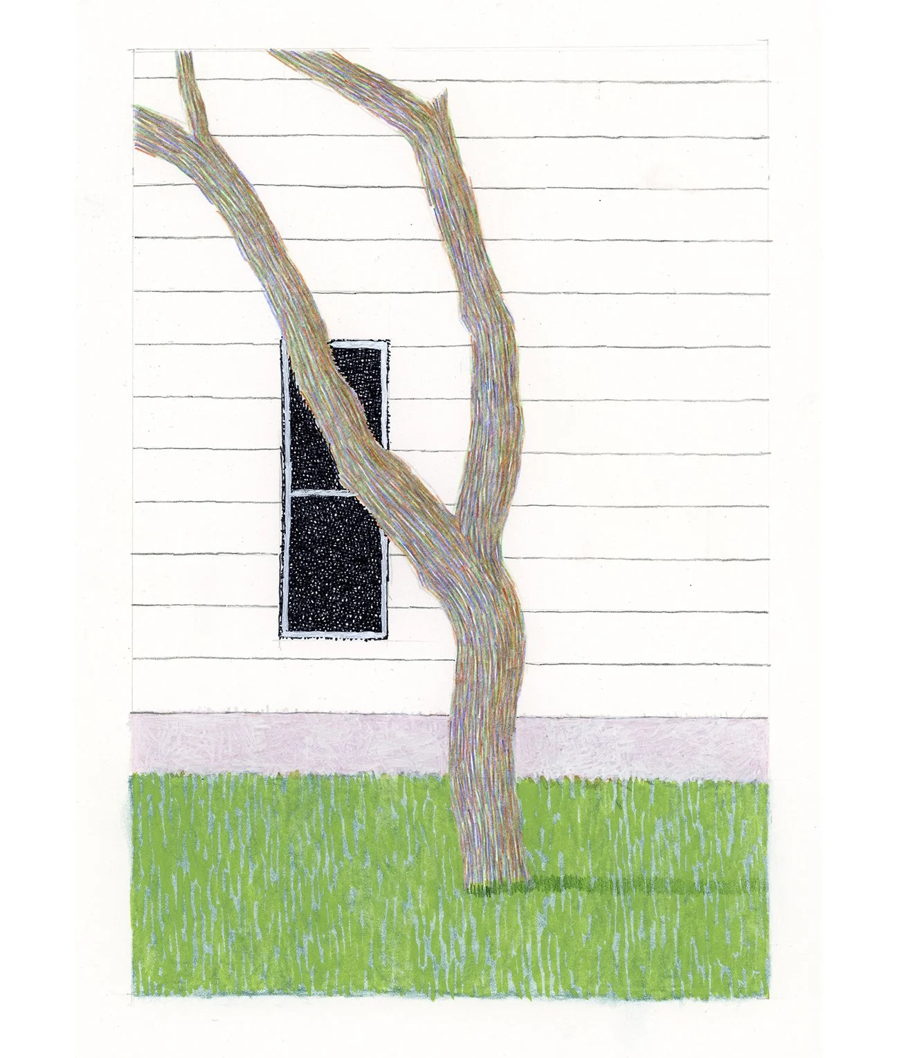  Tree, Window, And Grass  colored pencil, ink, gouache  9” x 6” 