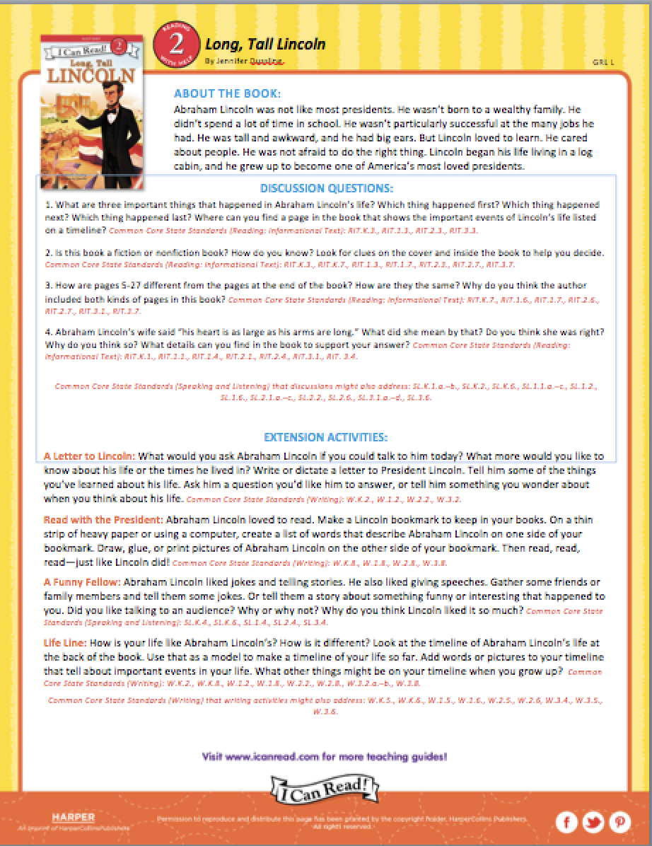Long, Tall Lincoln is a nonfiction easy-to-read about one of America’s greatest presidents. Click here to download the activity page.