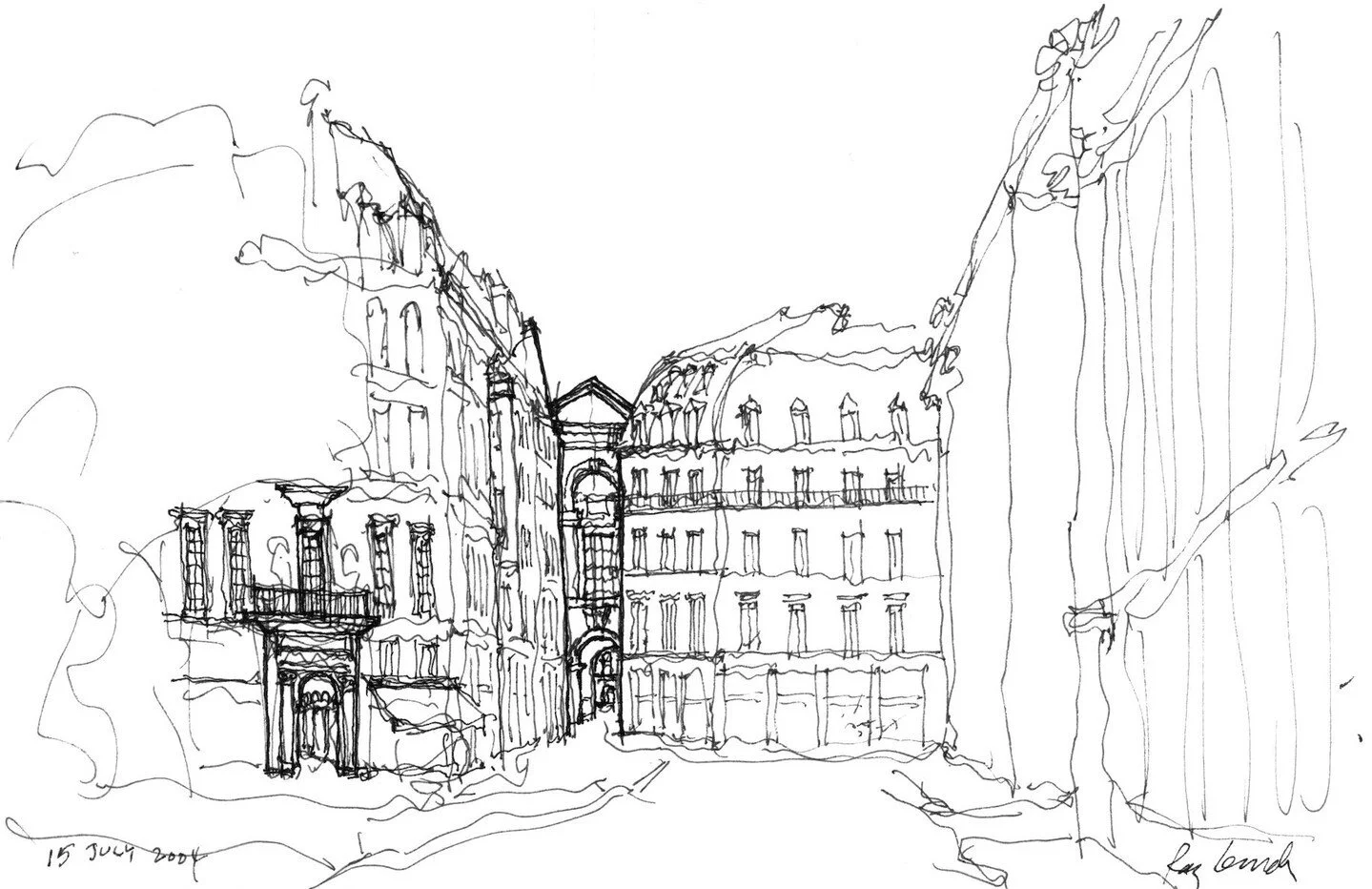 After walking to the end of the street, we turn around to see part of the gabled temple front of the Pavillon de Marengo. Returning to the rue de Marengo, we look through the pavilion's portal to the Cour Carree and the Pont des Arts beyond -- back t