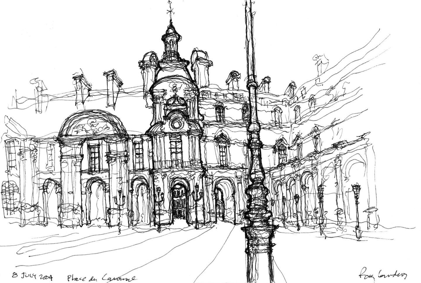 Crossing this vast space, we approach the Pavillon de Rohan with its series of arches through which, to our constant amazement, enormous buses regularly emerge.

A Code for the Louvre - Pages from a Sketchbook, 2004

Sketches by Principal Emeritus, R