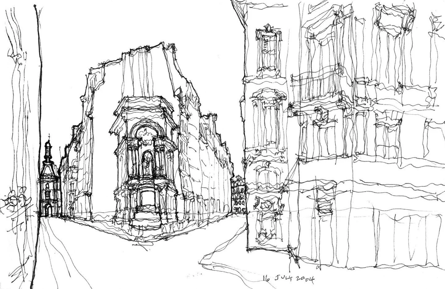 After walking north on the rue de Richelieu, we turn and look back to the Pavillon de Rohan. Its steep roof and lantern share the street with a monument to Moliere, grocery stores, and restaurants -- becoming part of the daily life of the neighborhoo