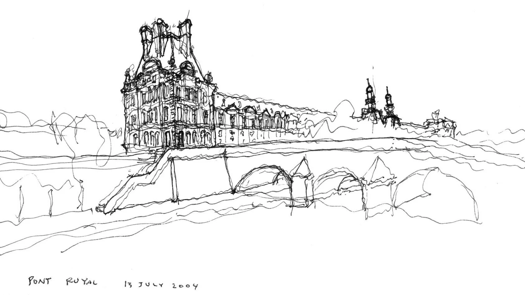 Pont Royal, Jardin du Carrousel, Rue Des Pyramides

Looking Northeast across the Seine, we see Henri IVs Pavillon de Flore marking the western end of the Louvre. As we approach the bridge, we see a second matching pavilion across the garden and a pai
