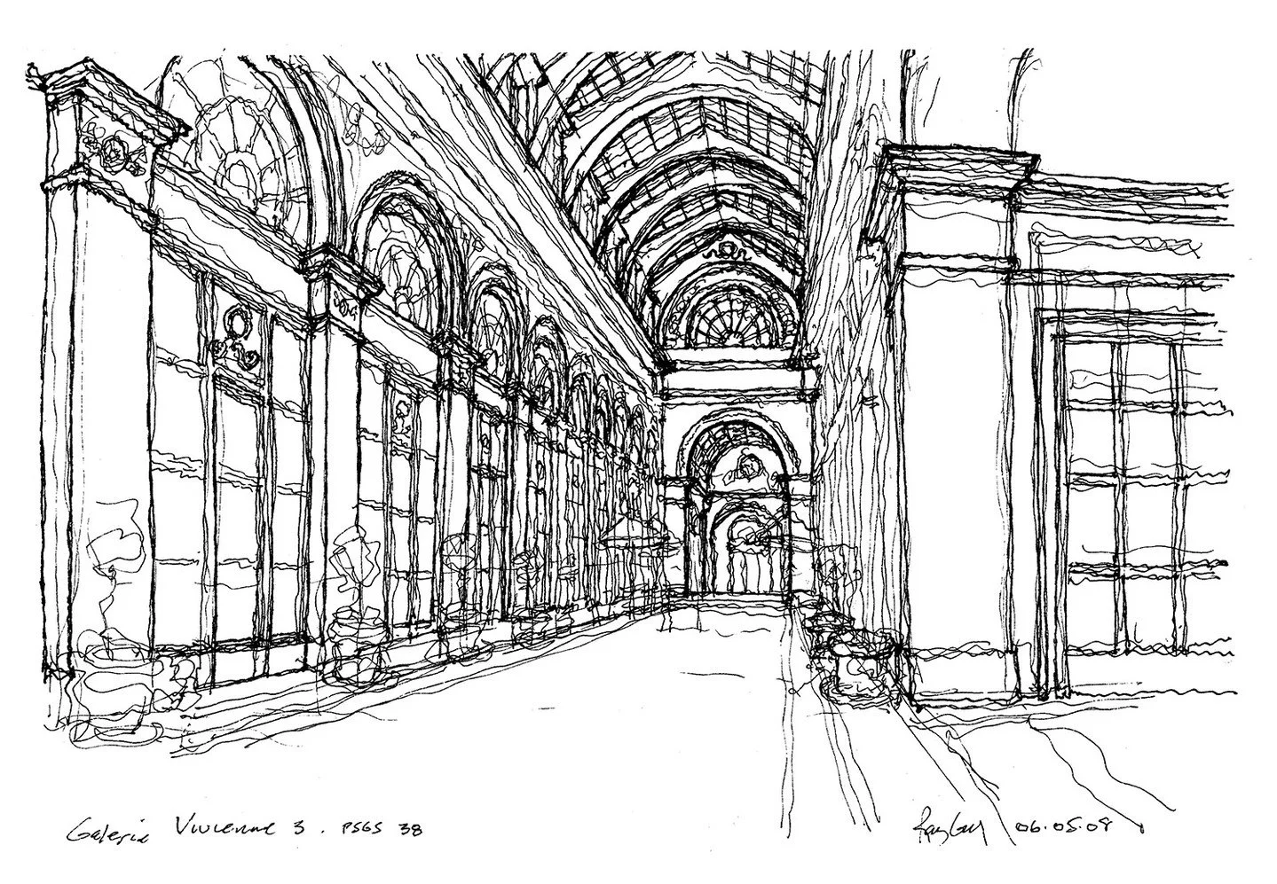 Galerie Vivienne

Turning, we enter a grand hall, wide enough to be a gathering space as well as a passage to the lower level...

Paris Passages - Hidden Worlds, Pages from a Sketchbook, 2006

Sketch by Principal Emeritus, Ray Gindroz. Learn more abo