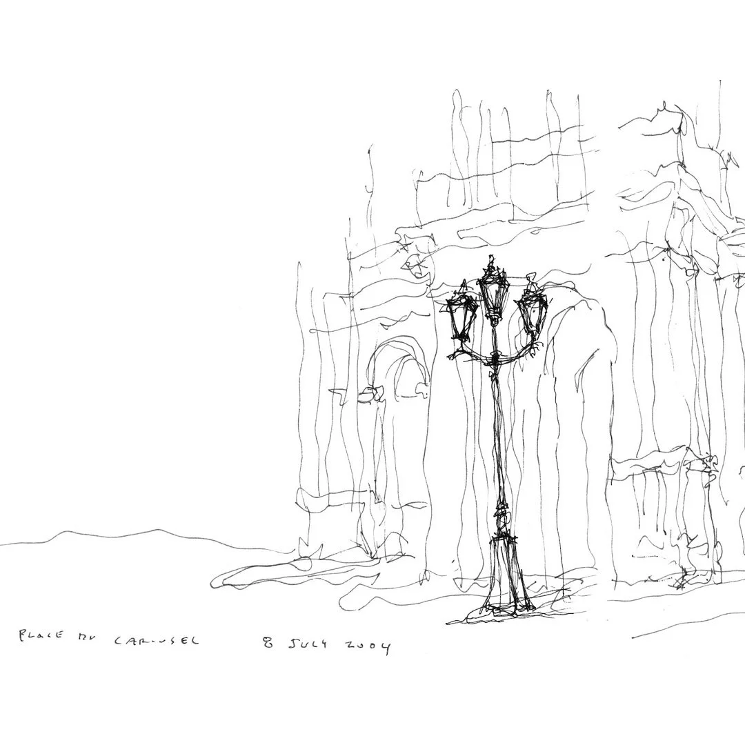 We continue toward a pair of arches that frame views of the theatre and the arcades along the rue de Rivoli. We then pass through another vestibule as we leave the Palace and enter the rue de Rivoli.

a code for the Louvre - Pages from a Sketchbook, 