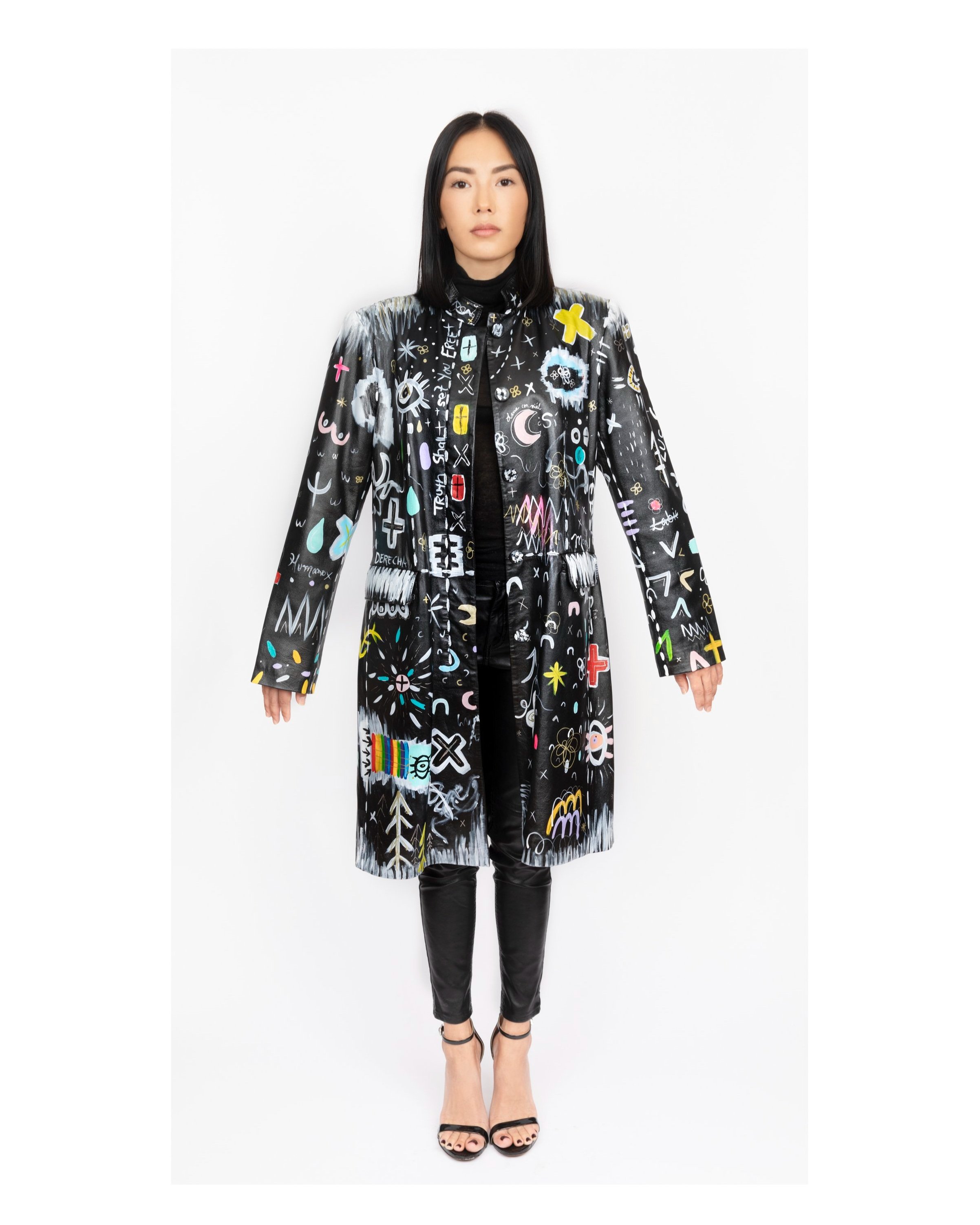magic coat, vintage trench coat, j x e couture, sustainable fashion, black leather and silk, javiera estrada, hand painted leather, leather trench coat, wearable art, one of a kind