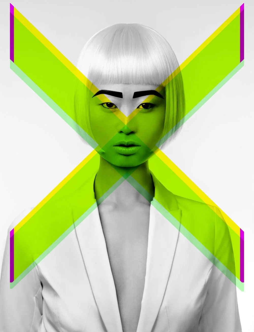 Black and white portrait of a person with a minimalist bob haircut, wearing a white blazer, overlaid with colorful digital glitch effects forming a large X shape across the face and shoulders.