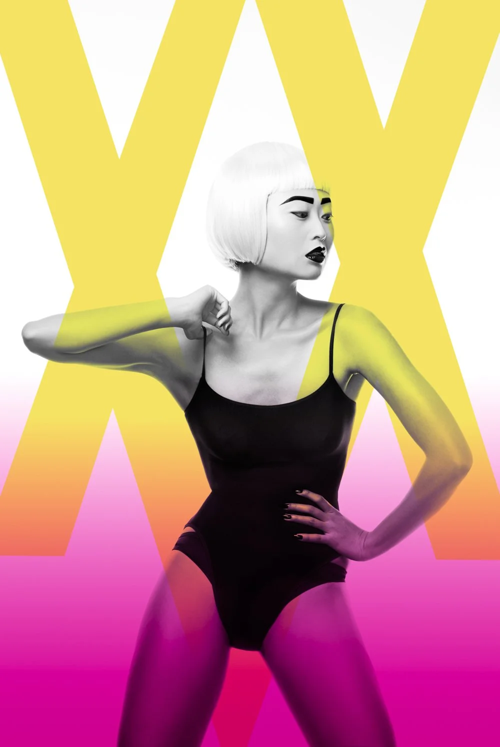 A black and white photo of a woman with short platinum blonde hair, wearing a black tank top, posing with one arm bent and hand near her shoulder, and the other hand on her waist, with bold yellow and pink graphics in the background.