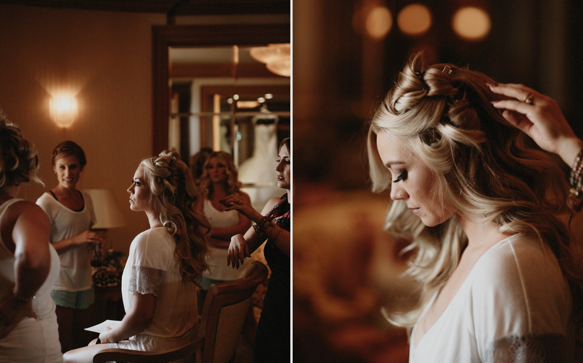 Bridesmaids gather around a beautiful bride with long blonde hair as she gets ready in her room at The Resort at Pelican Hill in OC.