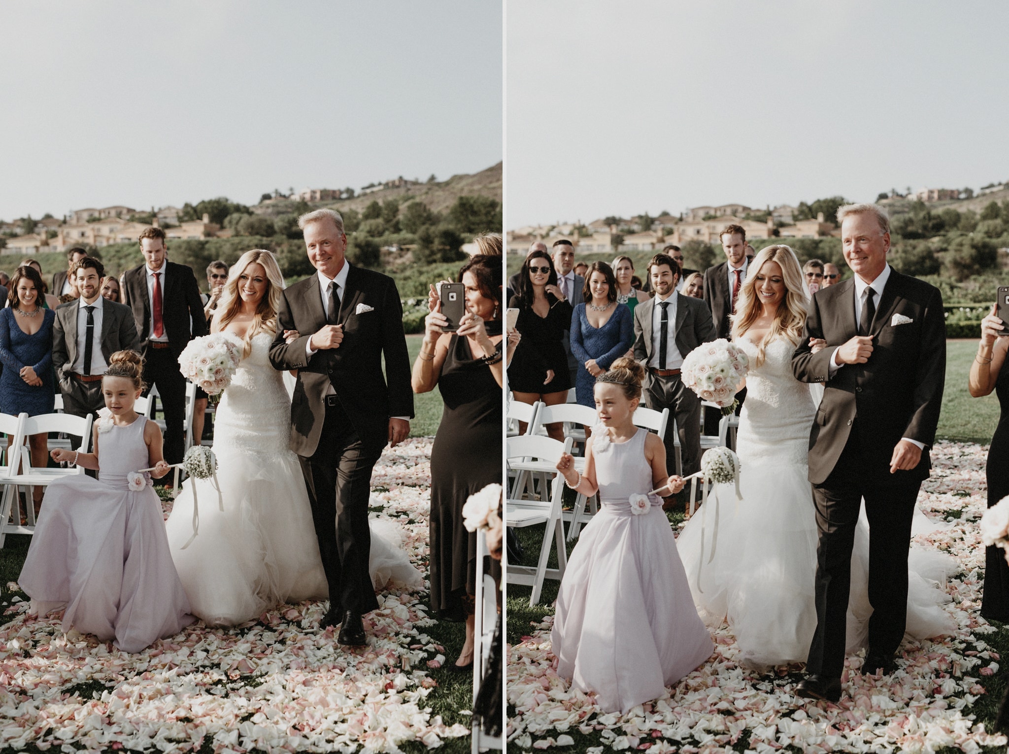 A bride walks down the aisle with her father at a beautiful outdoor wedding ceremony at the Pelican Hill Resort in Orange County.