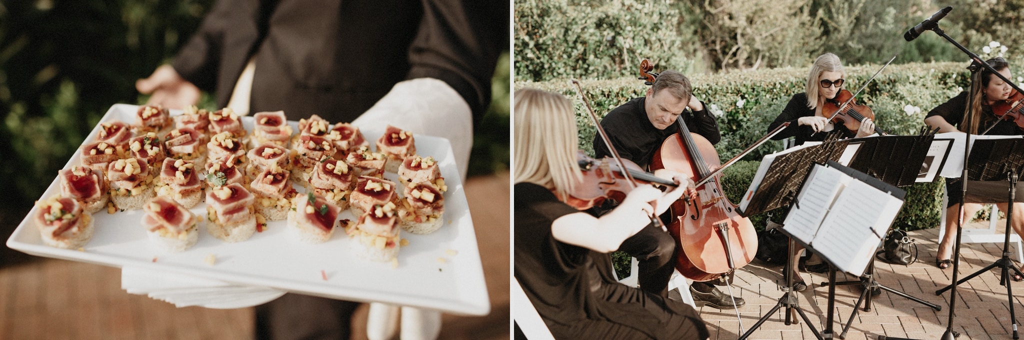 Hors d'oeuvres are served at a beautiful outdoor wedding at Pelican Hill Resort in California.