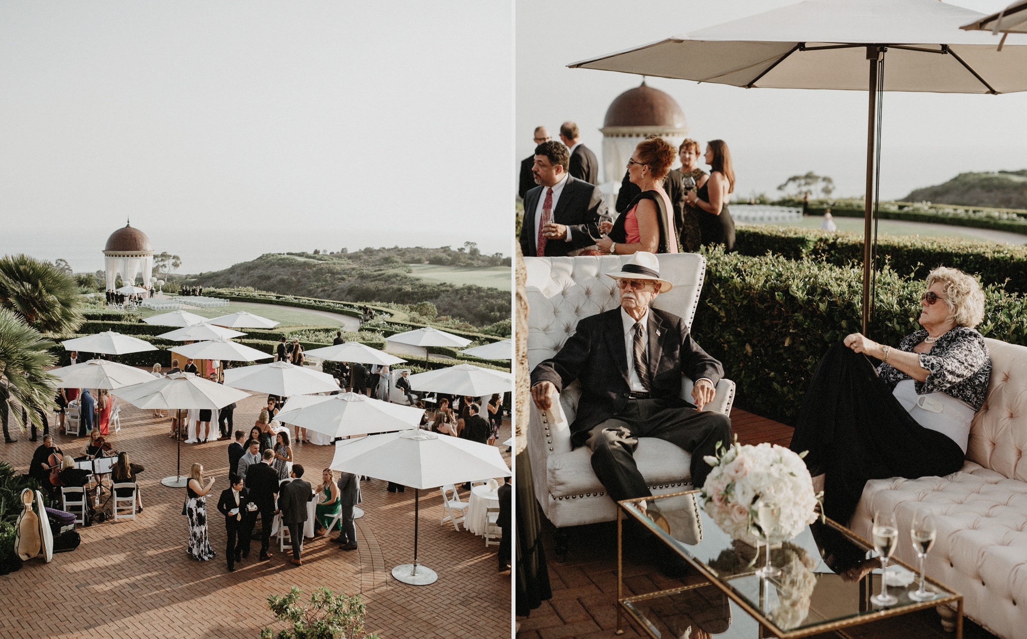 White umbrellas offer shade for guests during cocktail hour during a wedding at Pelican Hill Resort.