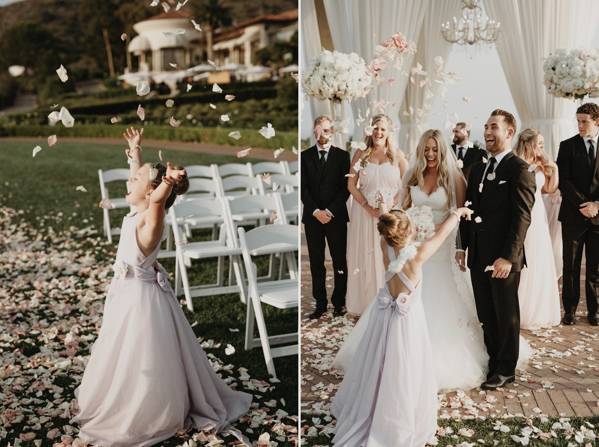 A flower girl throws petals in the air during an outdoor wedding in Newport Beach.