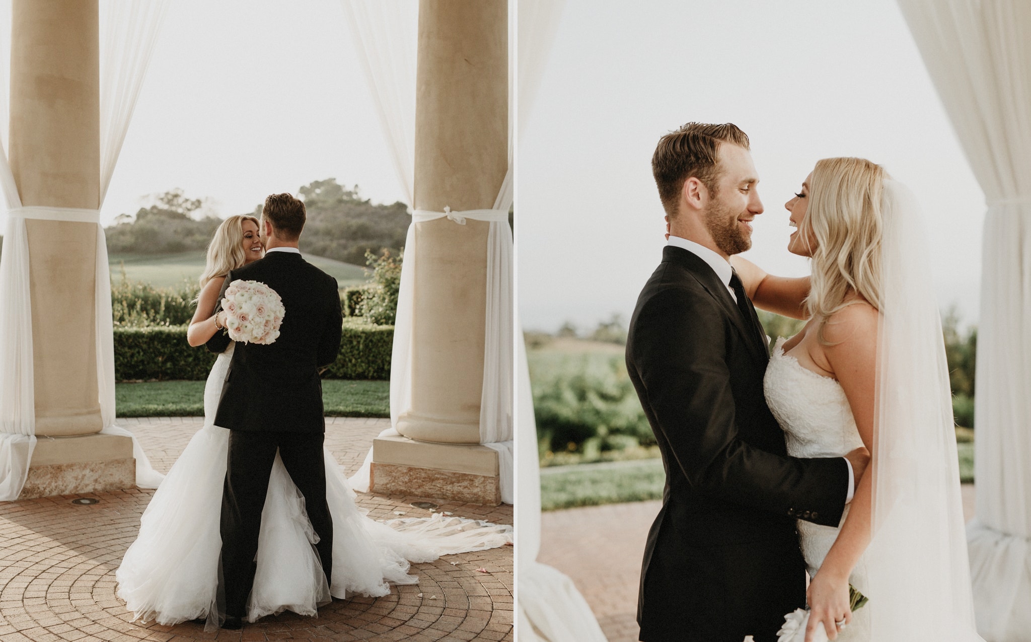 A bride and groom dance under a beautiful veranda during their wedding at Pelican Hill Resort, Orange County.
