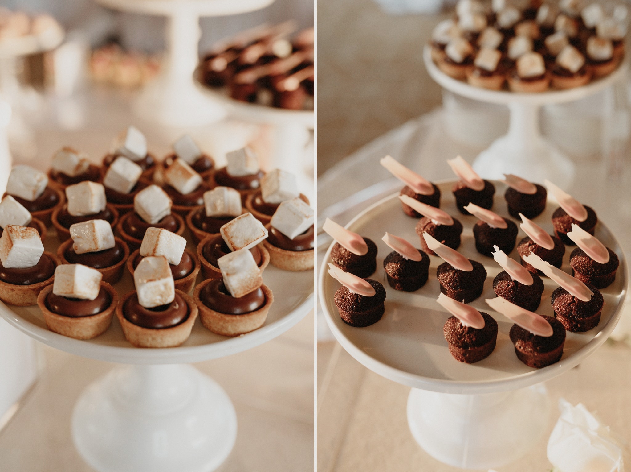 Adorable s'more-inspired desserts sit on a platter on a table at a wedding reception at Pelican Hill Resort in Orange County, California.