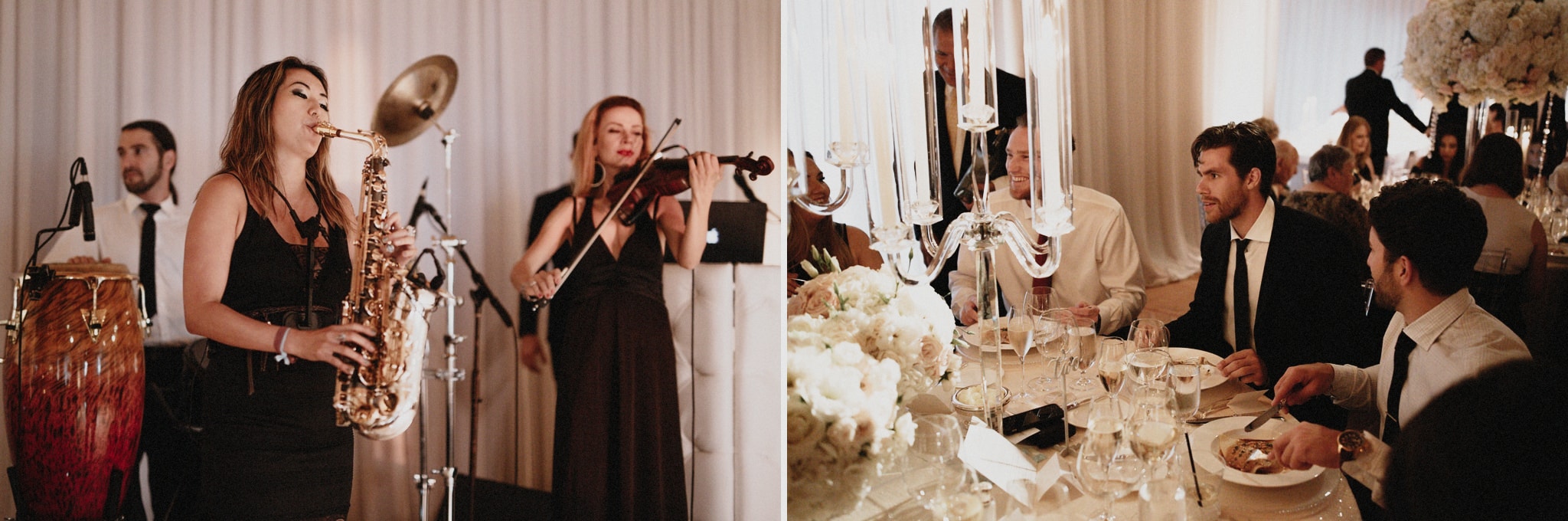 A band including a saxophonist, violinist and drummer play at a Newport Beach wedding reception at The Resort at Pelican Hill.