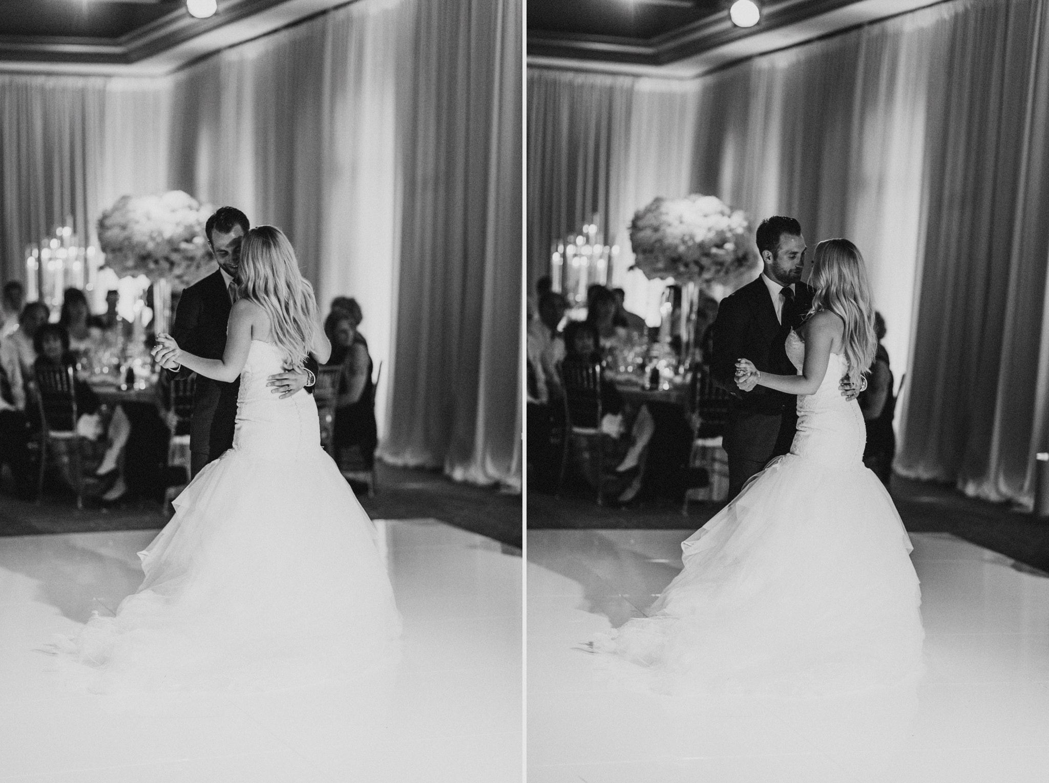 A bride and groom enjoy their first dance together at a beautiful Orange County wedding venue, Pelican Hill Resort.