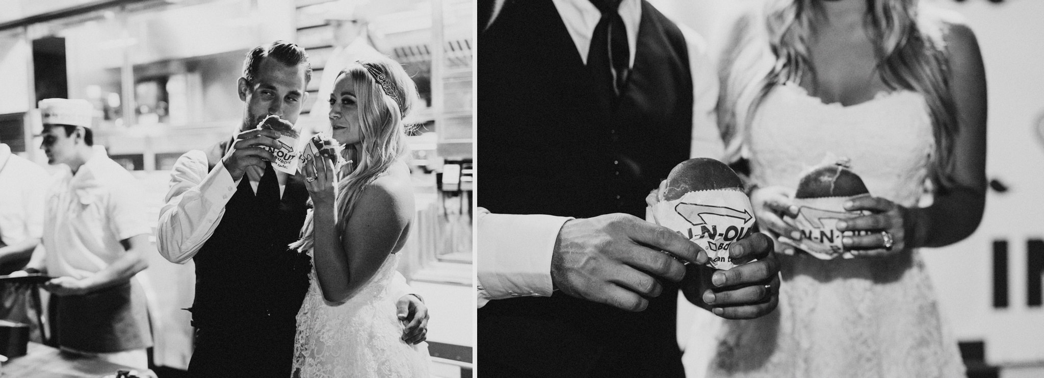 A bride and groom enjoy in-n-out burgers as a late night snack at their wedding reception in Newport Beach.