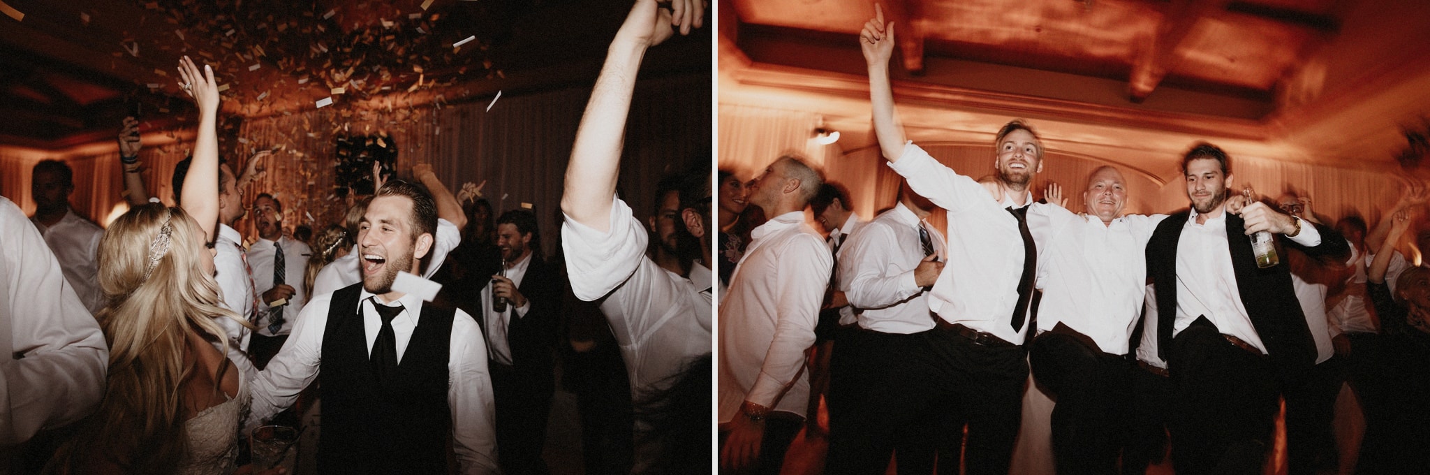 Guests dance while confetti flies in the air during a fun wedding in Orange County.